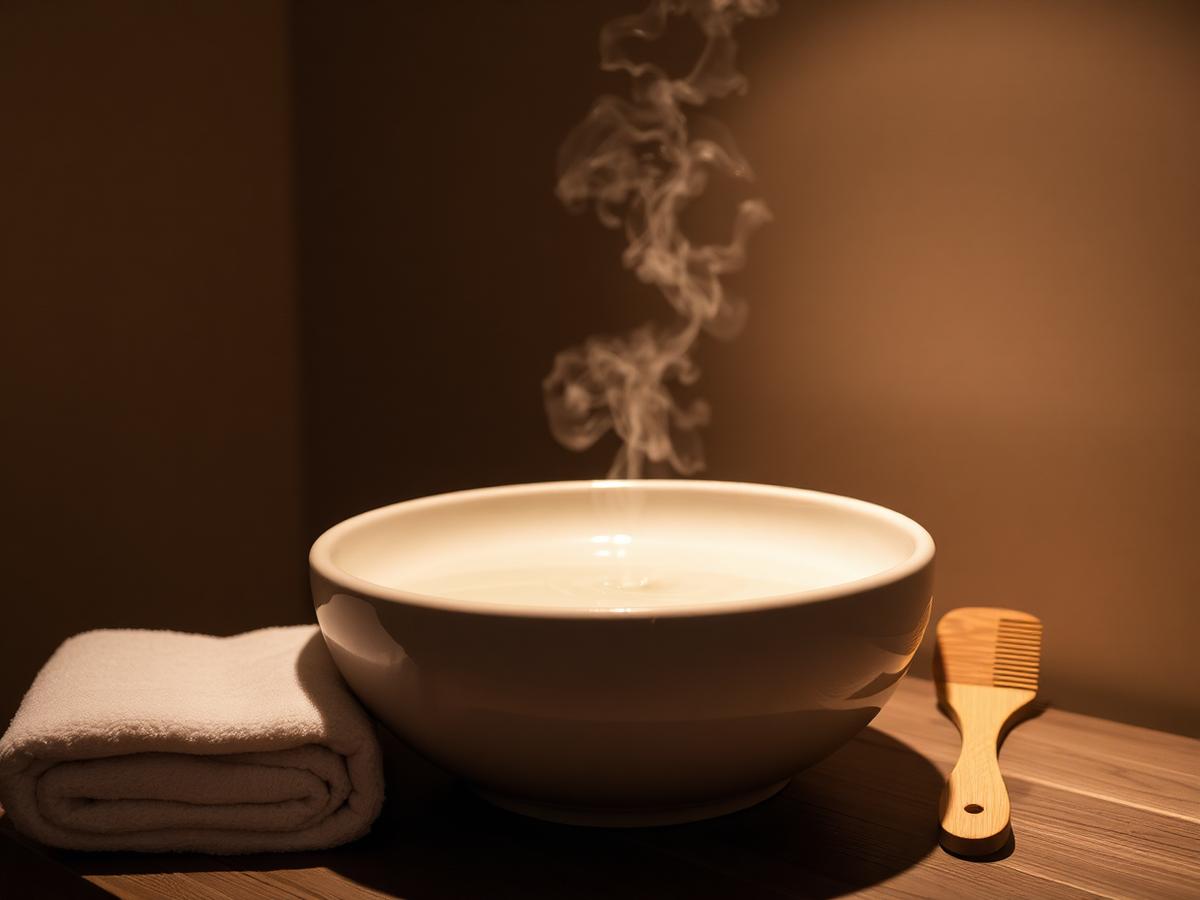 Keramická mísa s teplou vodou a ručník pro Head Spa